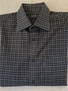 Faconnable Woven Check Button Down Collar Shirt Black M